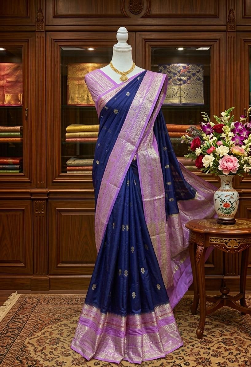 Warm Silk Saree Navy Blue with Pink