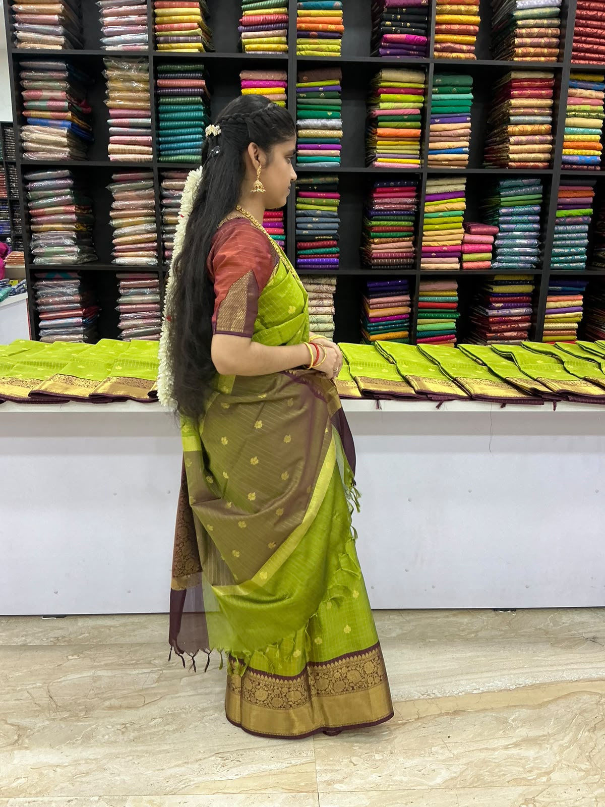 Premium Banaras Soft Silk Saree – Parrot Green with Purple Border | Traditional Festive Silk Saree | Sri Nandhini Tex | SNTBG001