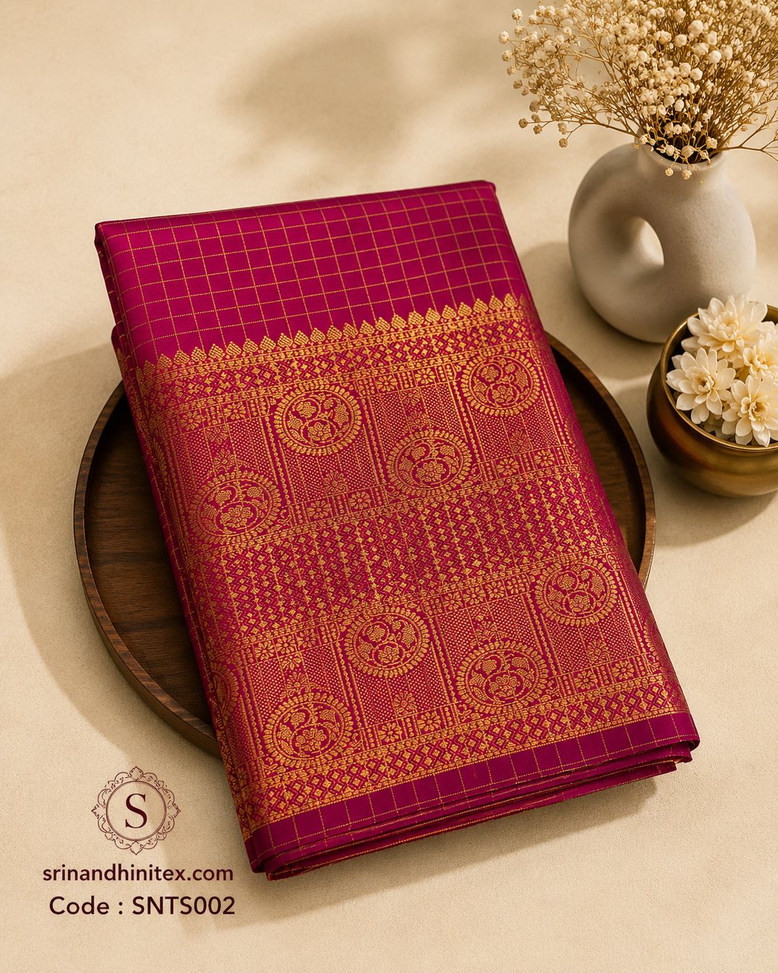 Premium Silk Saree – Rani Pink with Golden Zari Temple Border |Banaras Bridal Silk Saree | Sri Nandhini Tex | SNTS002