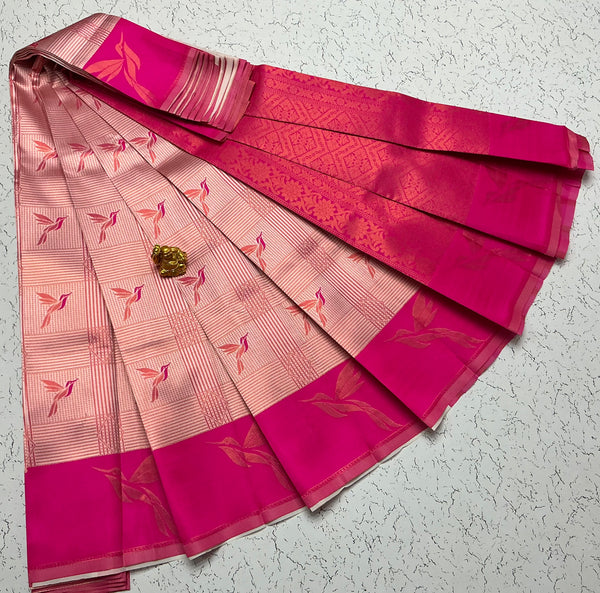 Magenta Pink Kubera Silk Saree with Peacock Design Border and Contrast Pallu for Women