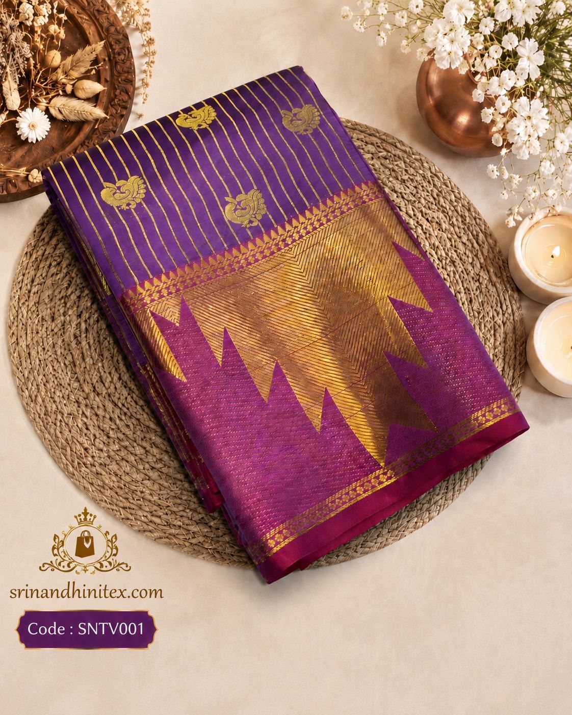 Premium Semi Kanchi Vairaoosi Silk Saree – Royal Purple with Magenta Temple Border | Wedding Silk Saree | Sri Nandhini Tex | SNTV001