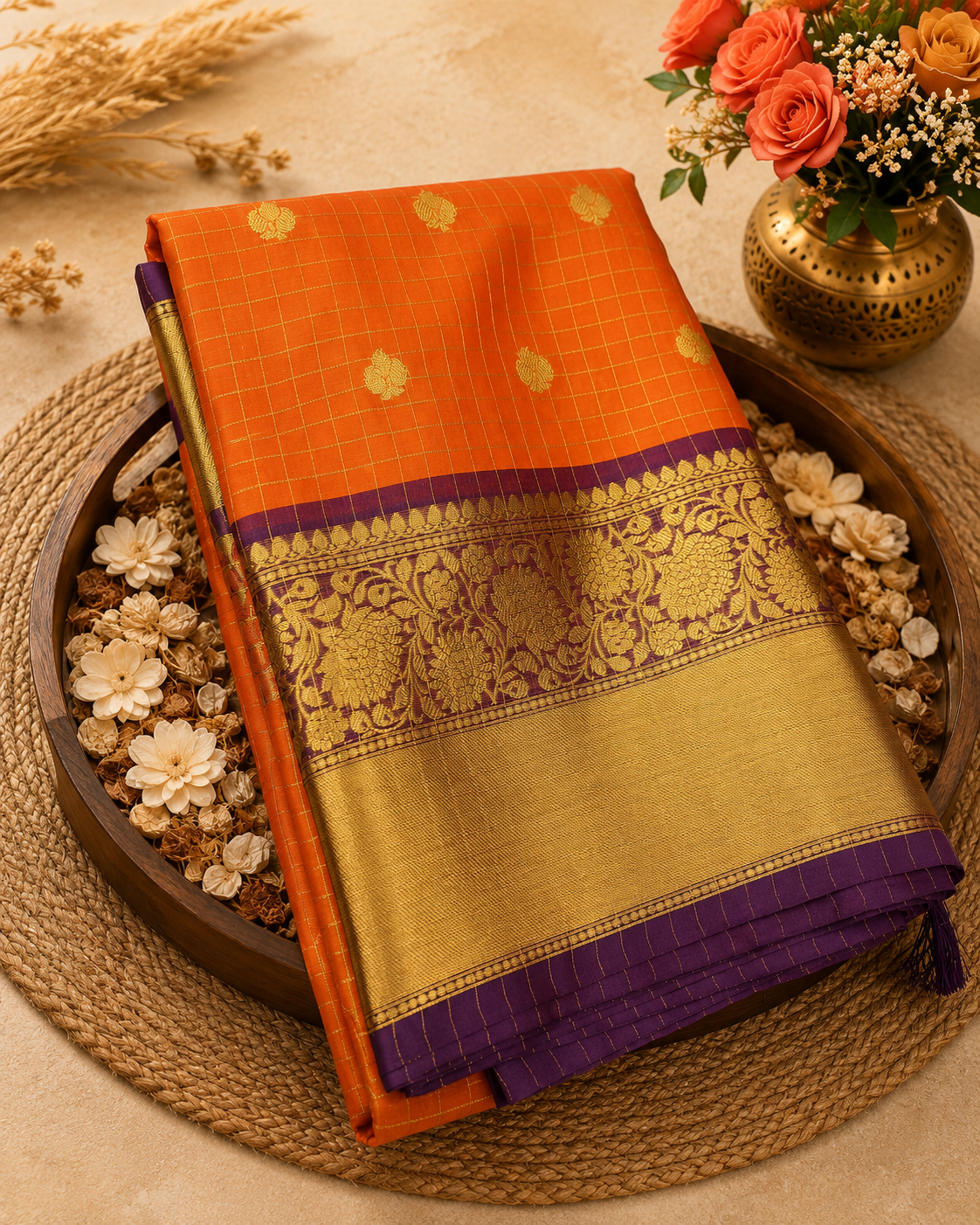 Premium Banaras Soft Silk Saree – Trending Rust Orange with Rich Purple Zari Border | Traditional Wedding & Festive Saree | Sri Nandhini Tex | SNTRO02