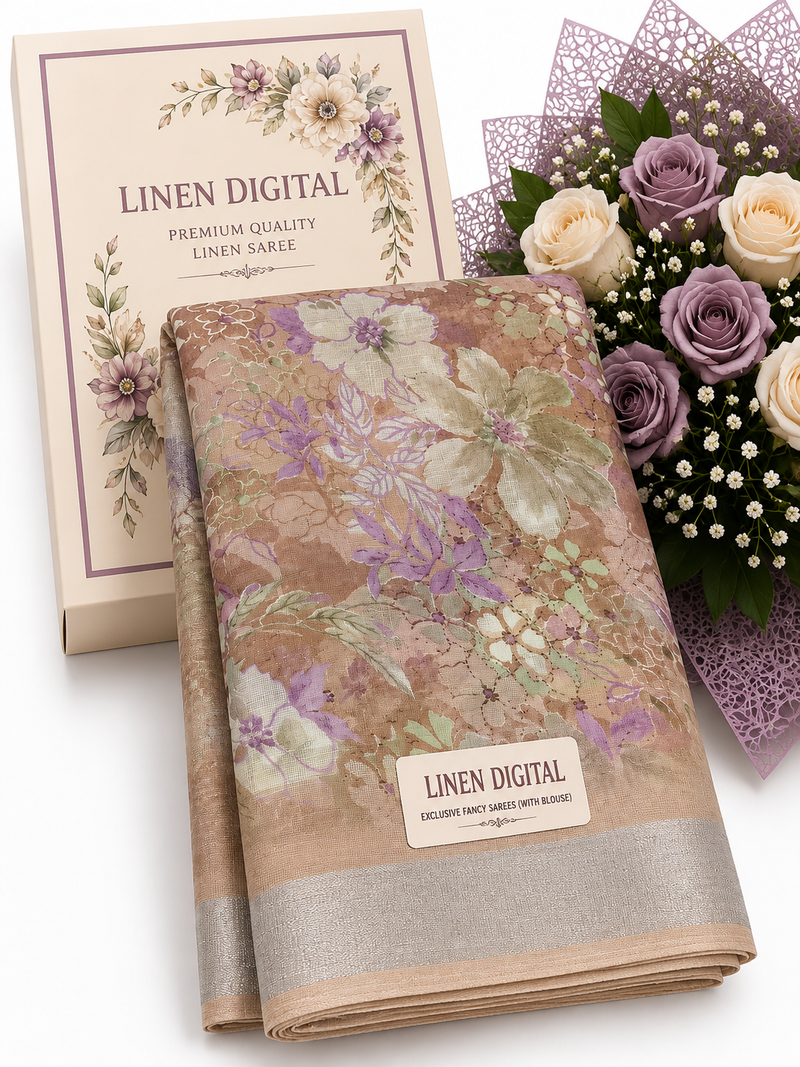 Linen Cotton Offer Saree | Peach Lavender Floral | With Blouse | ₹299/- | Sri Nandhini Tex | Code: SNTLC002