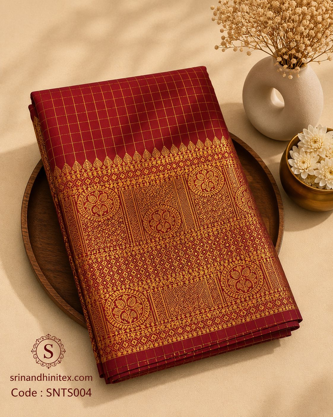 Premium Silk Saree – Marron with Golden Temple Border | Traditional Banarasi Silk Saree | Sri Nandhini Tex | SNTS004