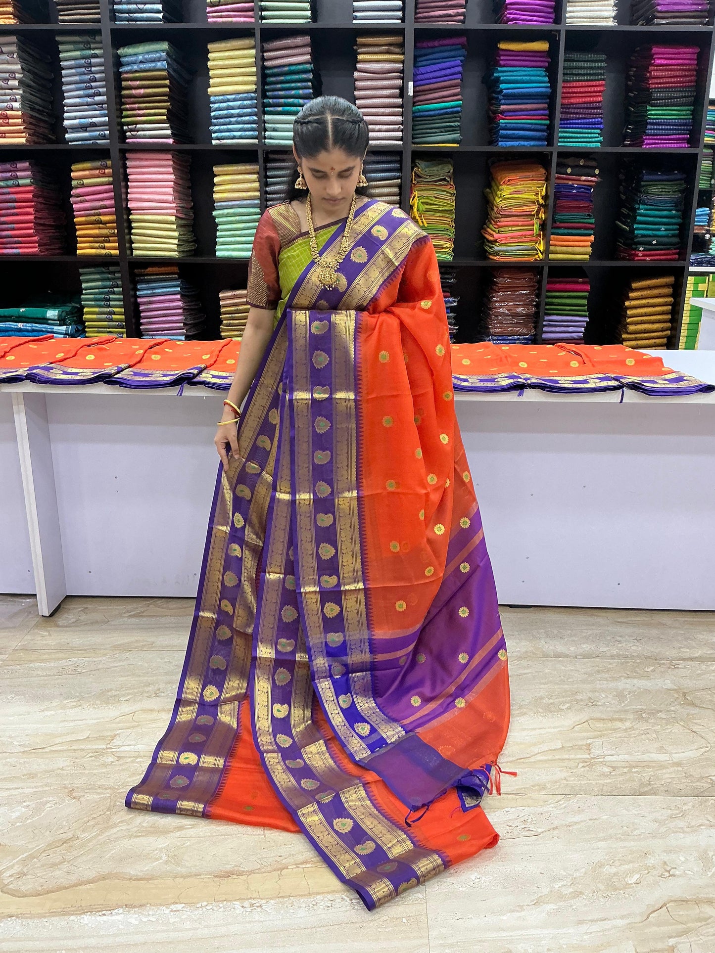 Premium Kanchi Meena Soft Silk Saree – Rust Orange with Royal Purple Zari Border | Festive Elegance Saree | Sri Nandhini Tex | SNTMSS02