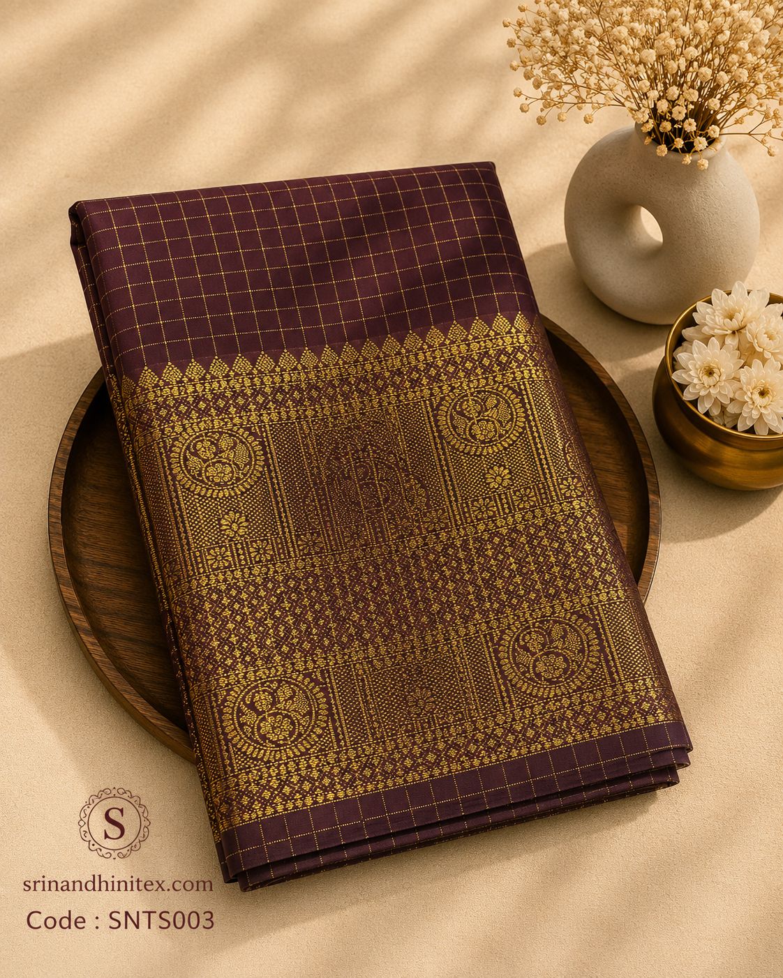 Premium Silk Saree – Wine with Antique Gold Temple Border | Festive Silk Saree | Sri Nandhini Tex | SNTS003