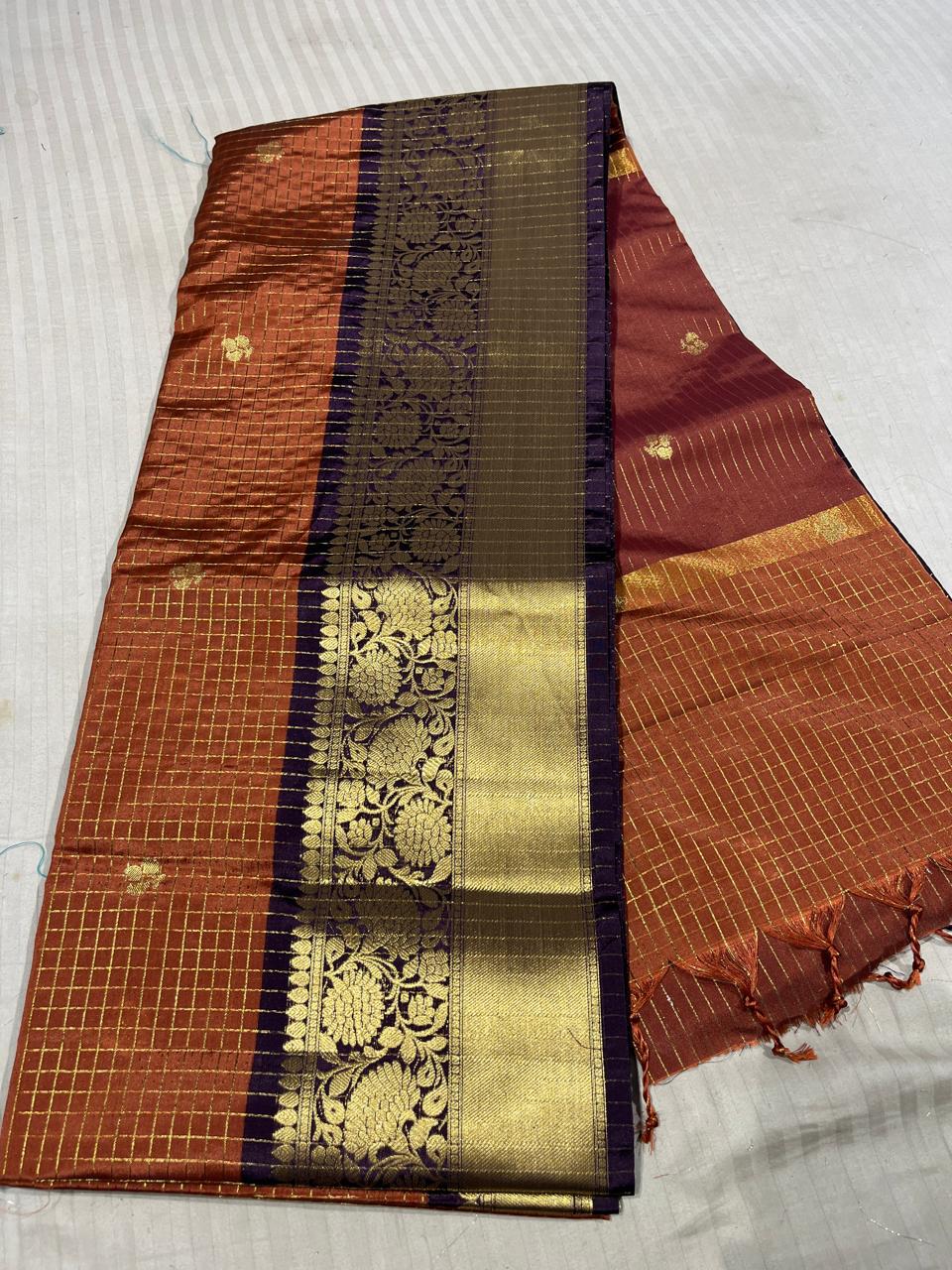 Premium Banarasi Silk Saree – Rust Orange with Deep Plum Zari Border | Festive Elegance Saree | Sri Nandhini Tex | BRO001