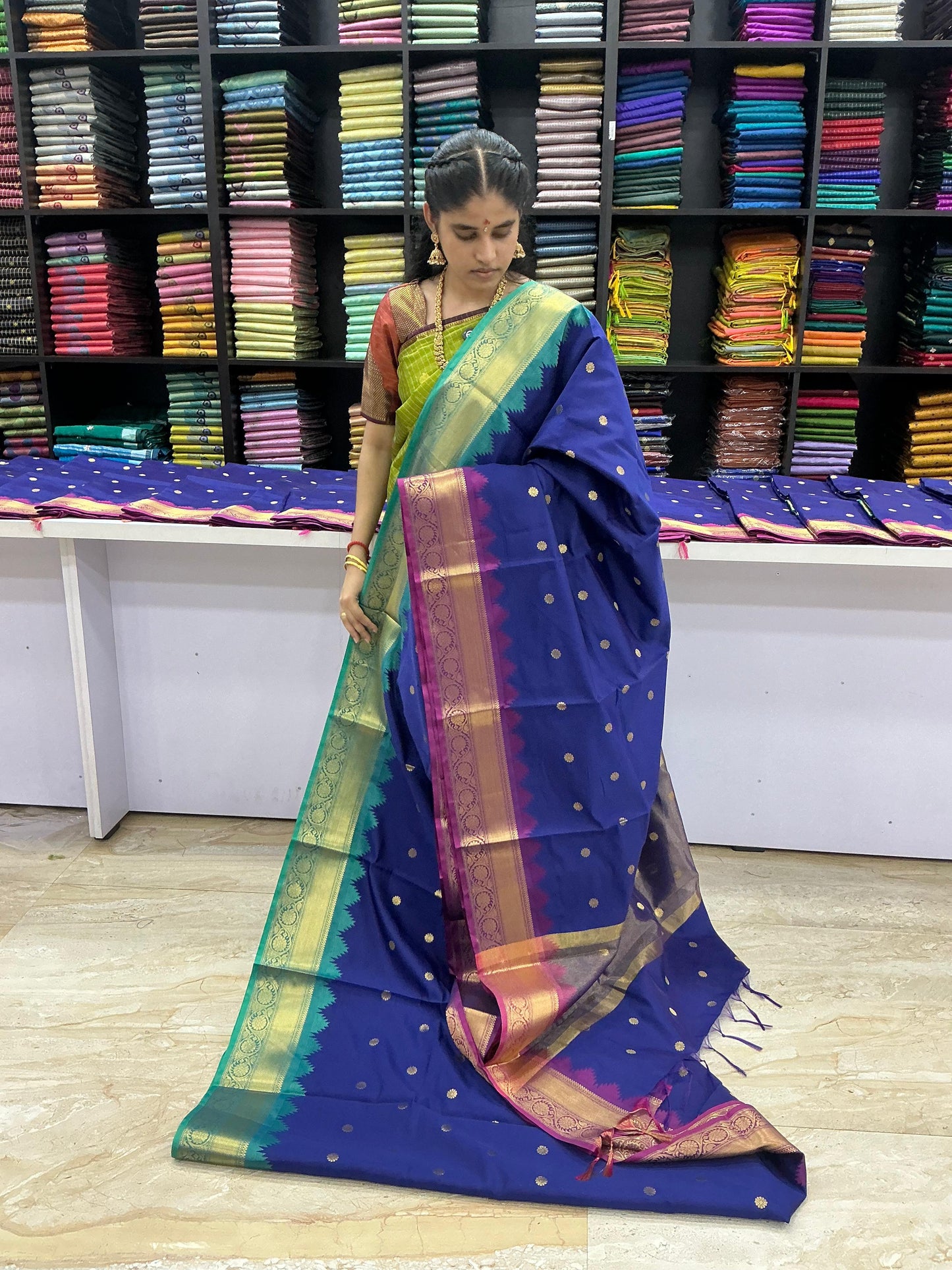 Premium Kanchi Soft Silk Saree – Indigo Blue with Copper Gold Zari Border | Festive Silk Saree | Sri Nandhini Tex | SNTPSN01