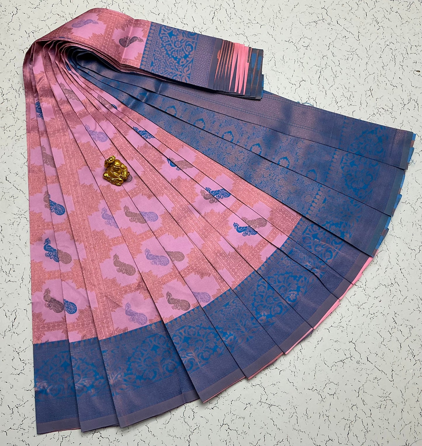 Kubera Bridal Silk Saree — Pink Lavender & Blue with Peacock Buttas