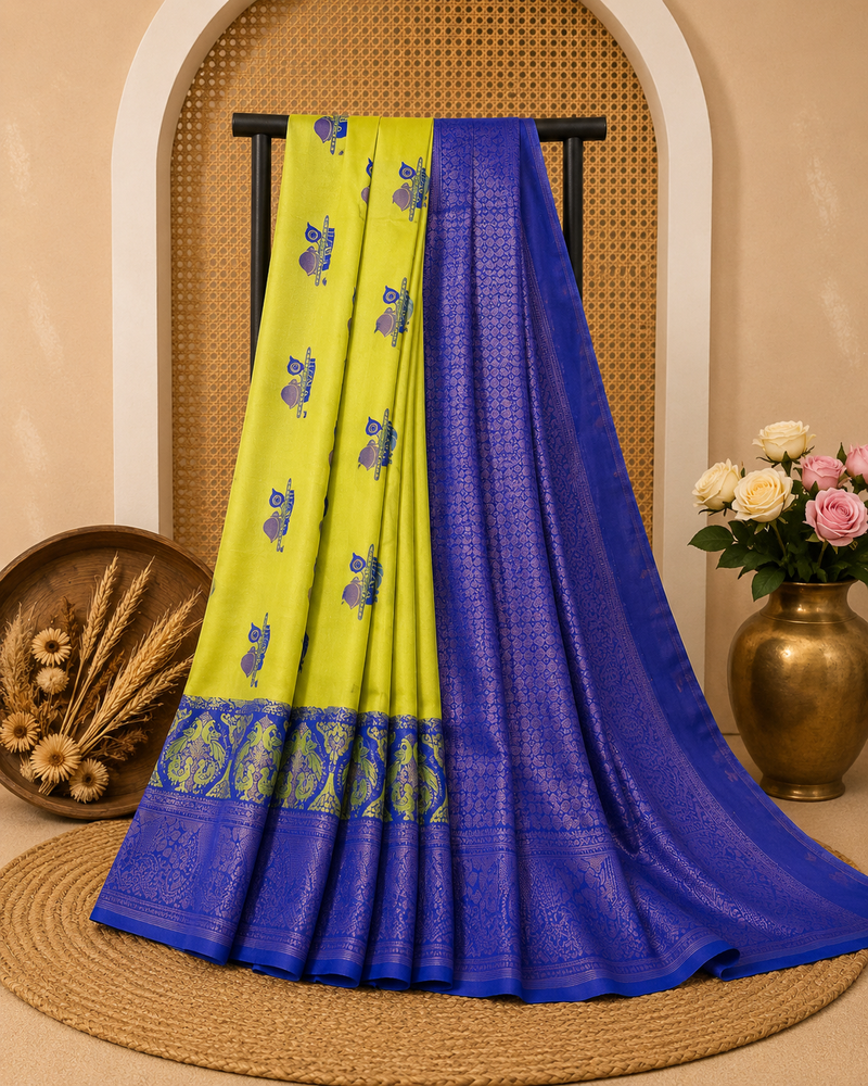 Mayura Silk Saree | Elegant Festive Wear Soft Finish | Lime Yellow & Royal Blue | Sri Nandhini Tex | MYS003