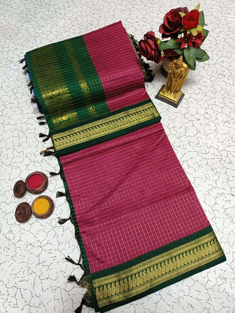 Kalyani Soft Cotton Saree in Pink with Dark Green Contrast Zari Border and Classic Temple Design for Festive & Daily Wear
