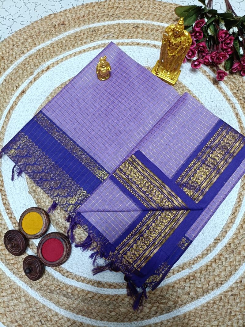 Kalyani Cotton Saree in Lavender Shade with Royal Blue Zari Border and Elegant Rich Pallu for Stylish Ethnic Collection