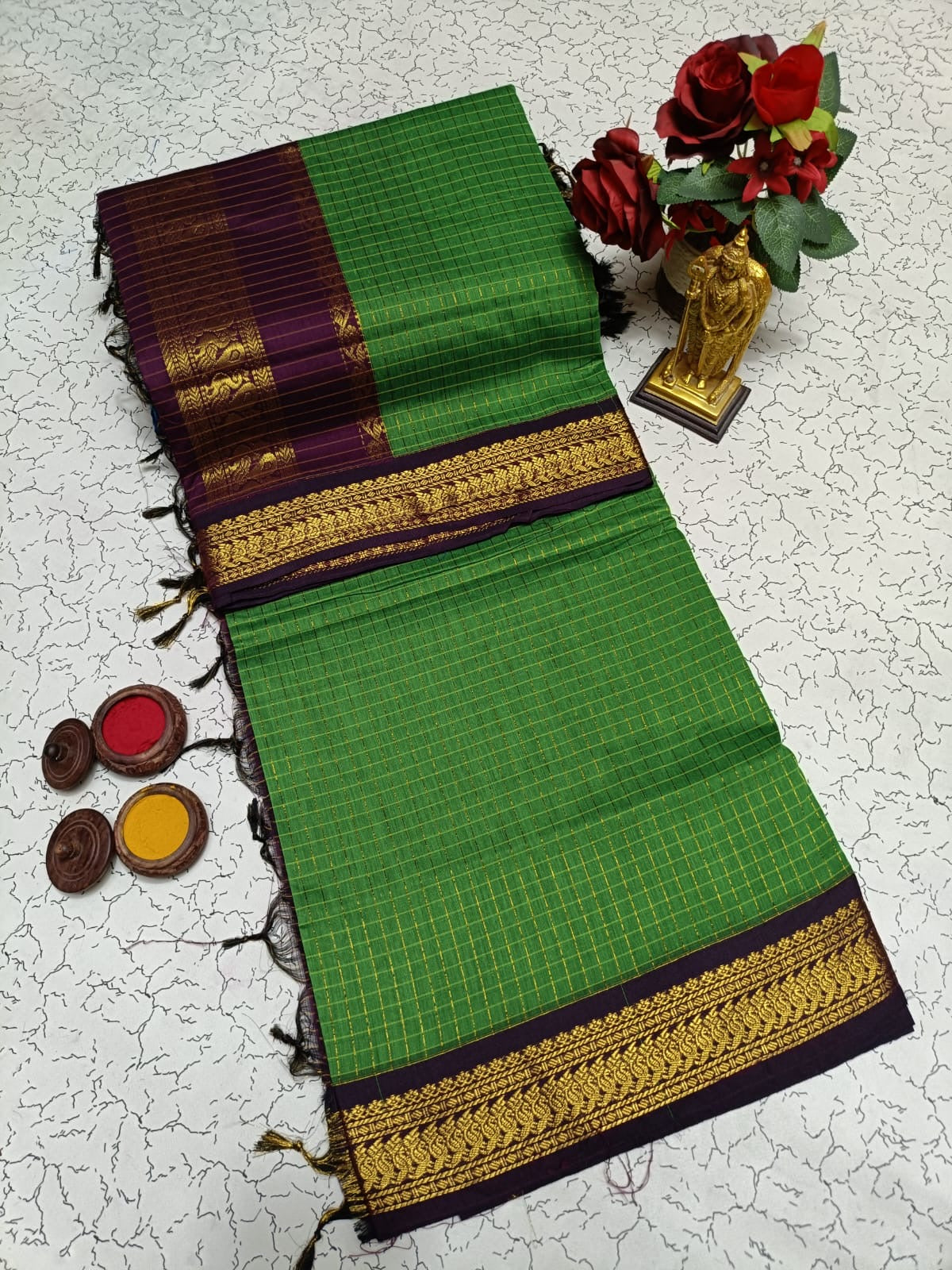 Kalyani Cotton Saree in Leaf Green with Maroon Contrast Border and Rich Gold Zari Pallu for Traditional Look