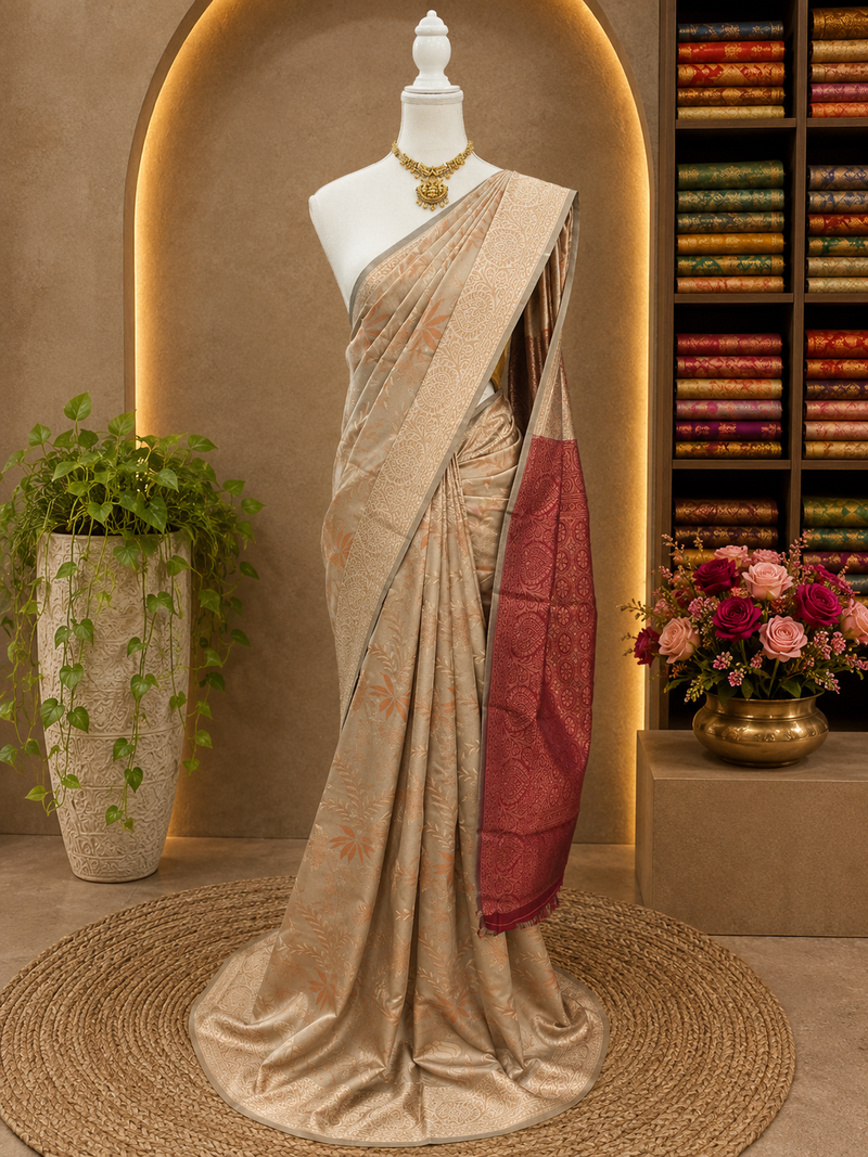 Latest Semi Kanchi Soft Silk Saree – Champagne Gold with Wine Maroon Rich Pallu | Sri Nandhini Tex | SNTKS23