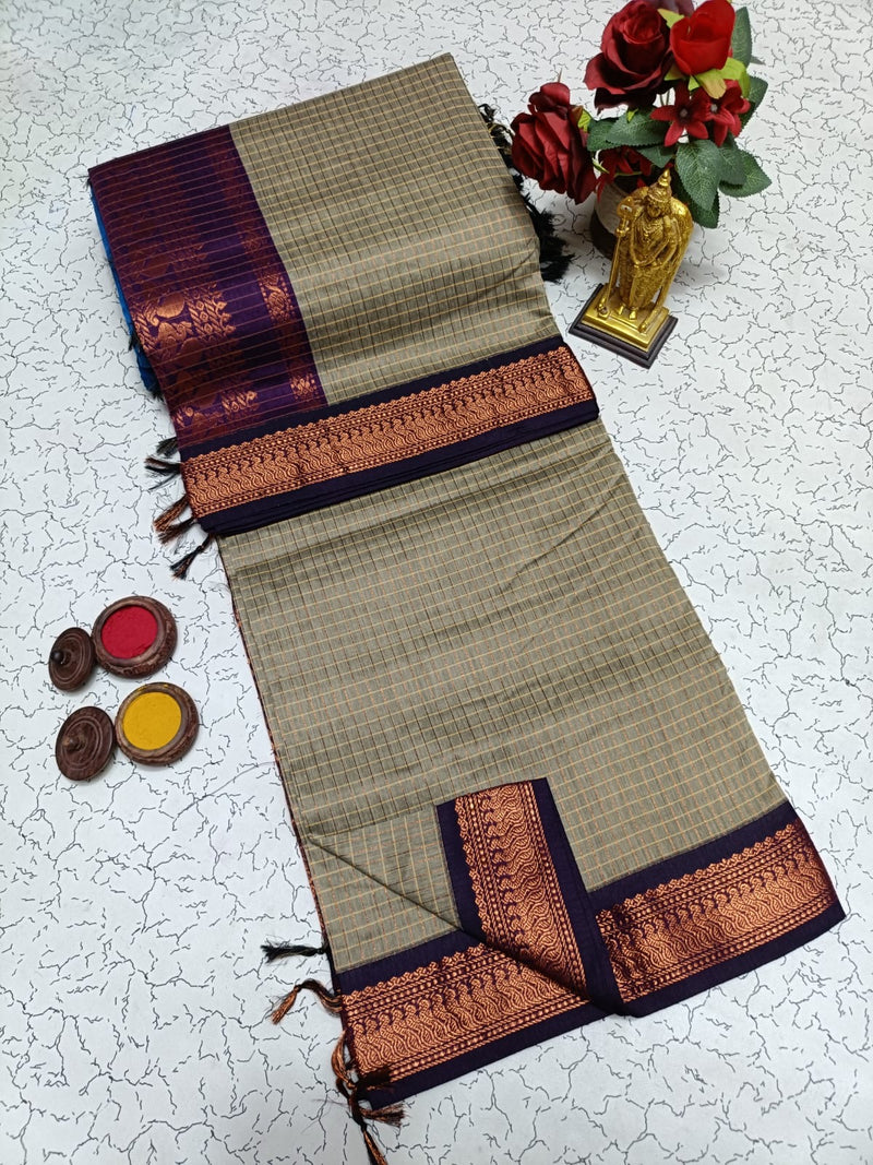 Kalyani Cotton Saree in Soft Beige with Deep Purple Zari Border and Classic Temple Weaving for Elegant Traditional Style