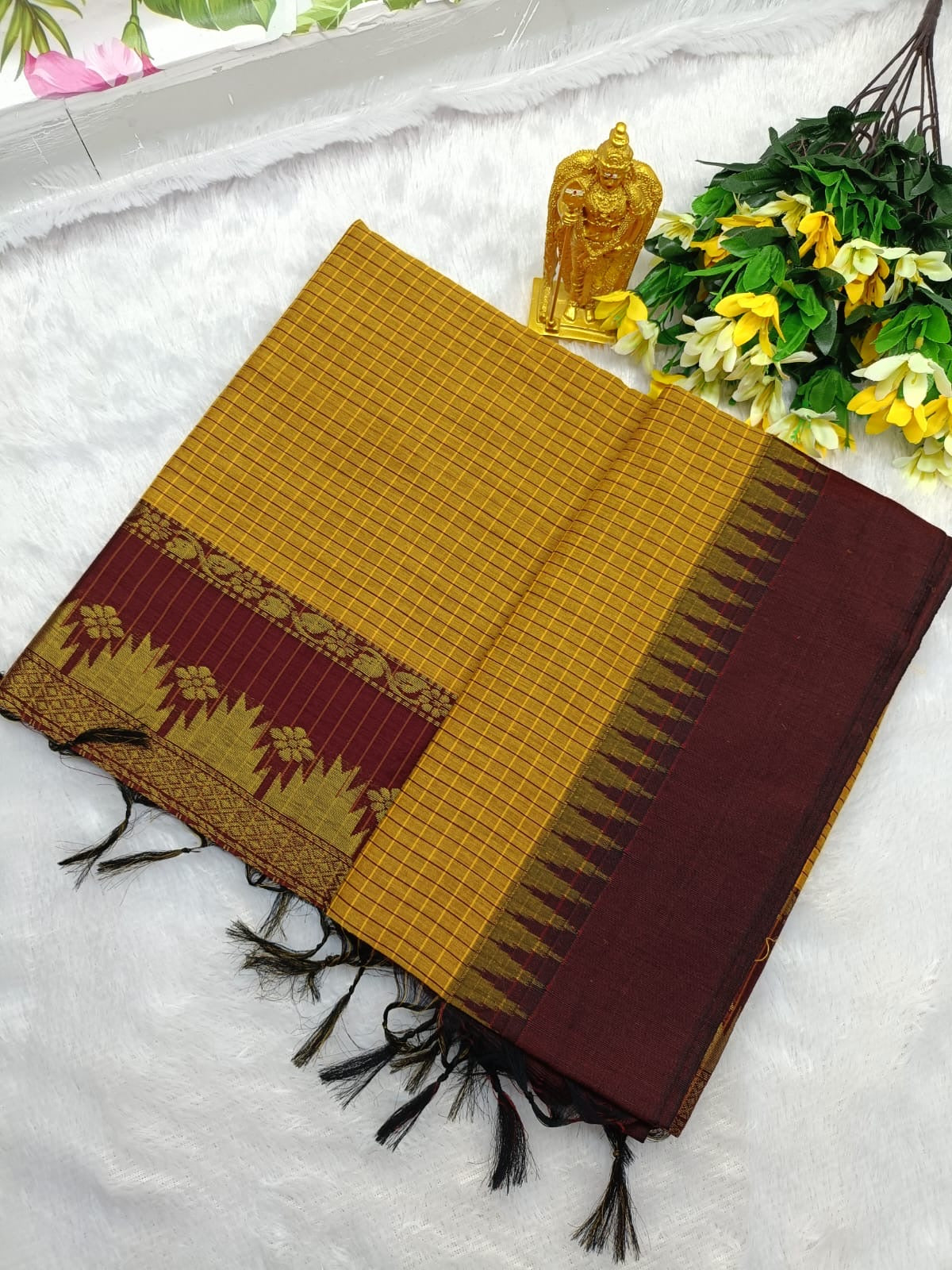 Kalyani Cotton Saree in Mustard Yellow with Maroon Contrast Zari Border and Traditional Motif Pallu for Ethnic Collection