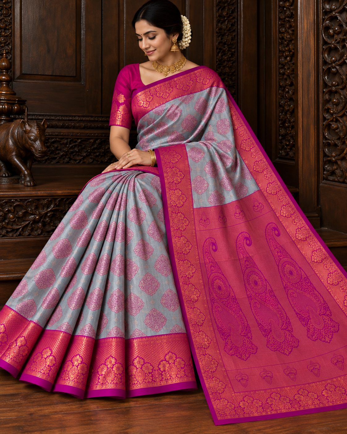 VIVAHA Pattu Saree for Women | Silver Grey & Rani Pink Contrast | Premium Wedding Silk Saree | Rich Zari Border & Grand Pallu | With Blouse Piece | Direct Manufacturing – Sri Nandhini Tex