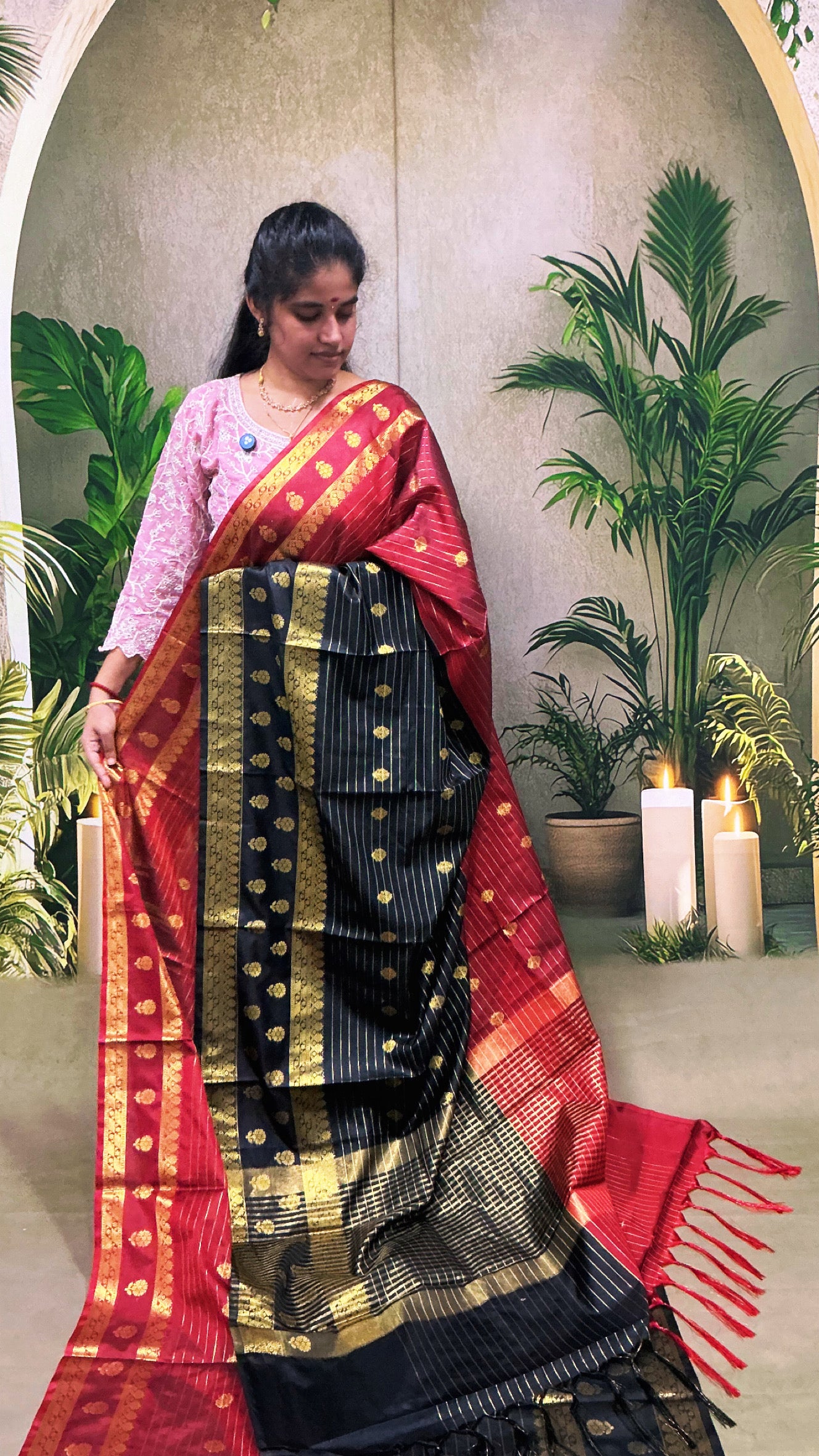 Banaras Soft Silk Half & Half Saree – Black & Maroon | Traditional Rich Zari Weaving | Sri Nandhini Tex | SNTBMS01