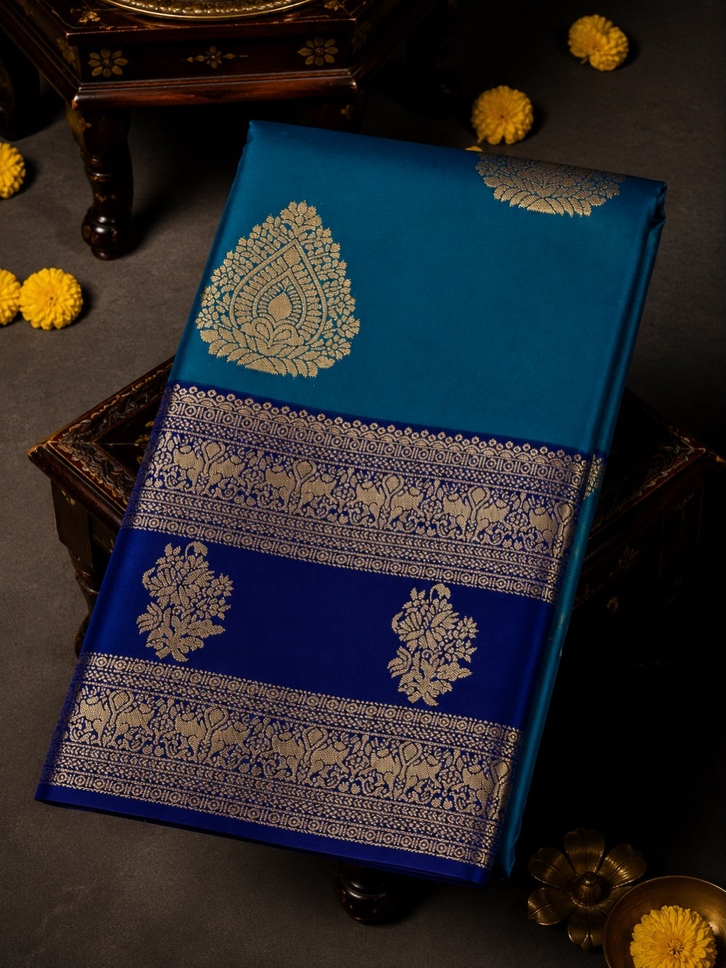 Premium Kanchi Silk Saree – Teal Blue with Navy Blue Zari Border | Traditional Wedding Silk Saree | Sri Nandhini Tex | SNTKS13