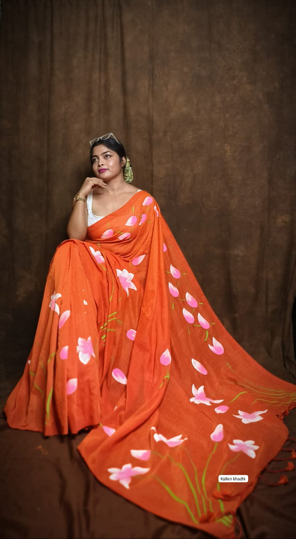 Khadi cotton saree - orange colour
