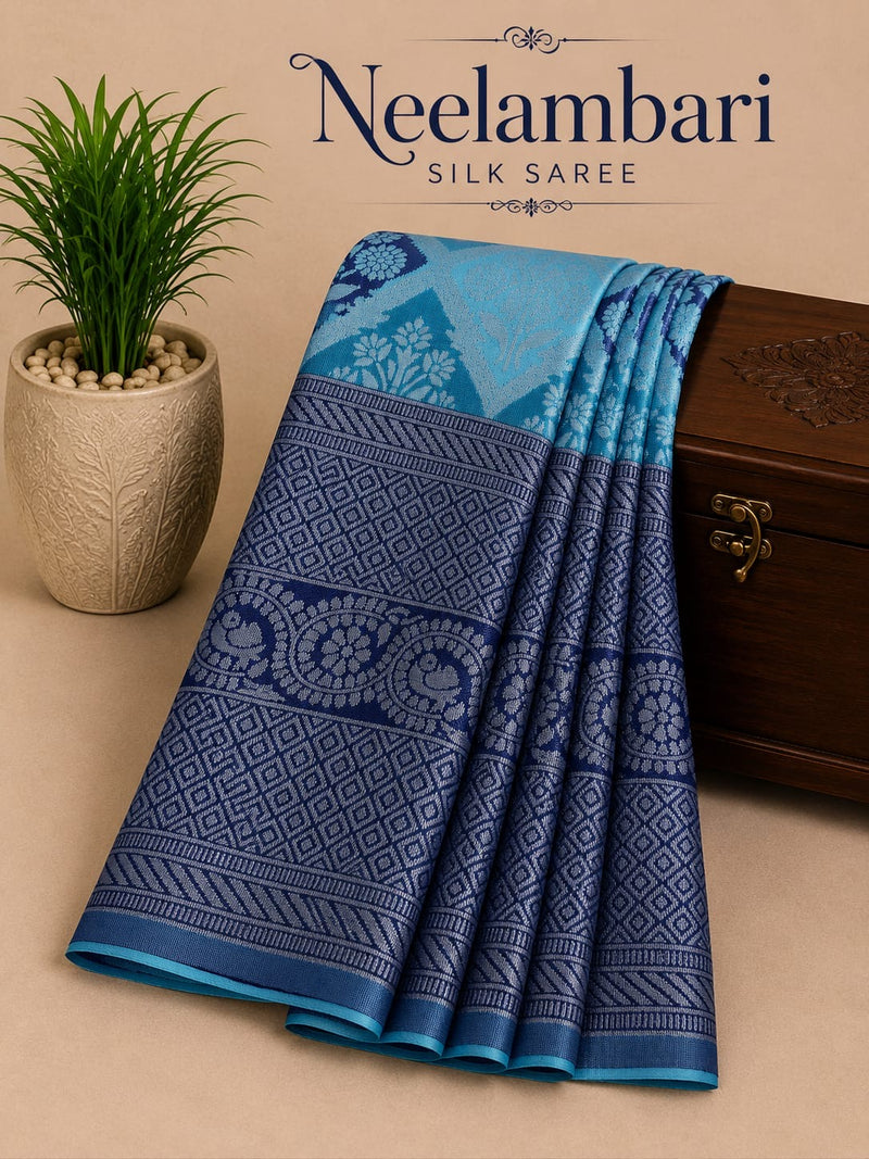 Premium Neelambari Silk Saree – Ice Blue with Navy Blue Contrast Border | Sri Nandhini Tex | SNTNS005