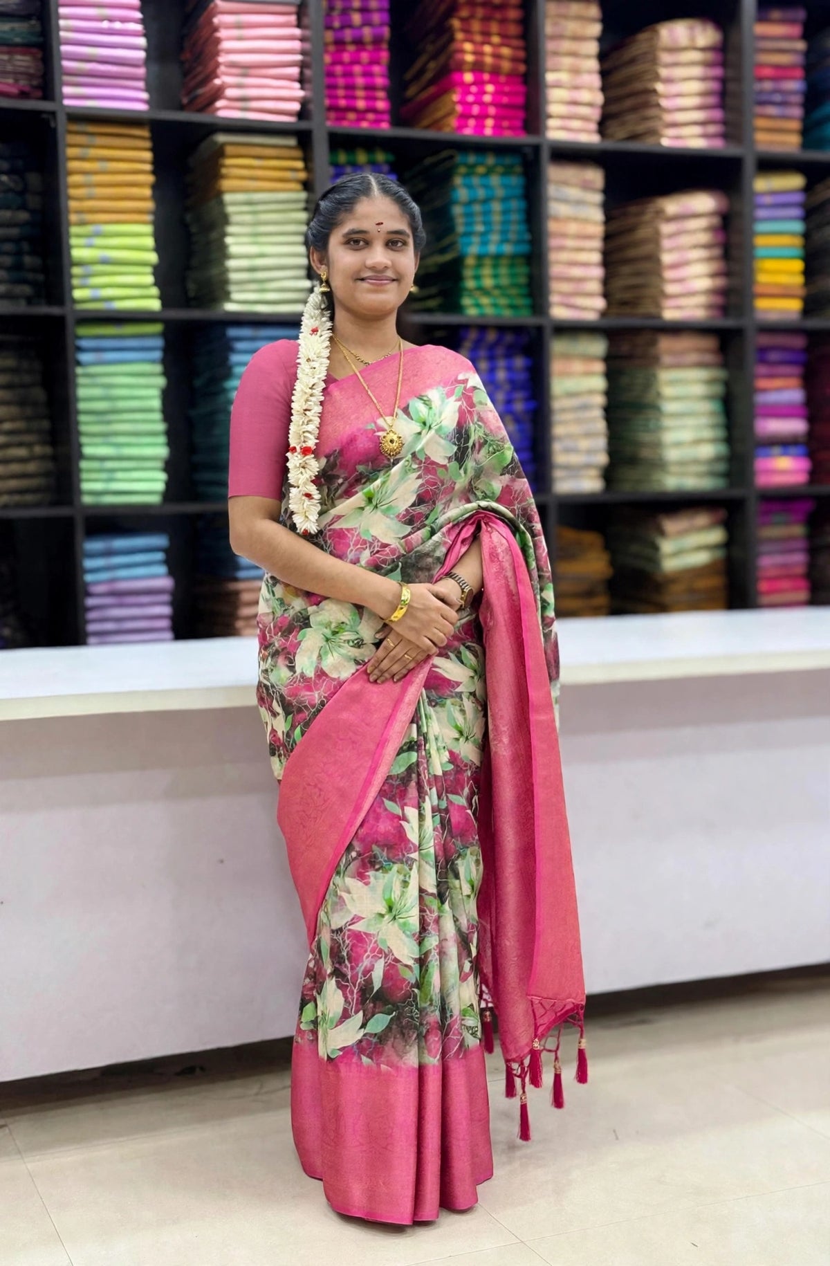Pink Floral Print Designer Saree with Contrast Border & Tassel Pallu | SNTFL101 | Sri Nandhini Tex