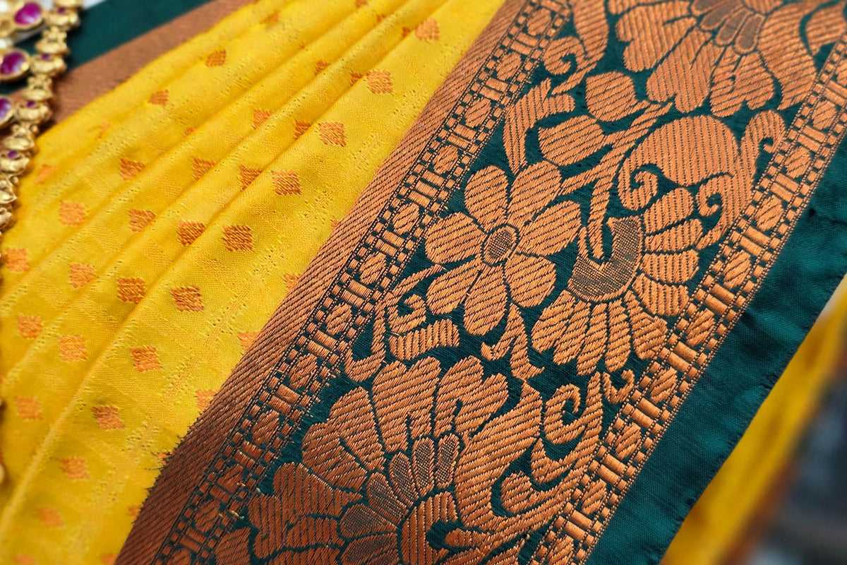 Premium Elampillai Yellow Silk Saree with Bottle Green Contrast Floral Zari Border | Wedding & Festive Collection | SNTYS001