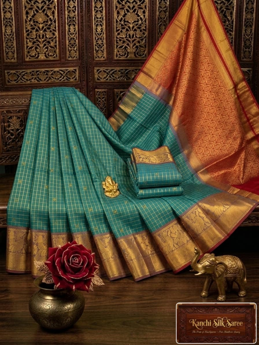 Kanchi Silk gold zari checked Teal saree with gold border