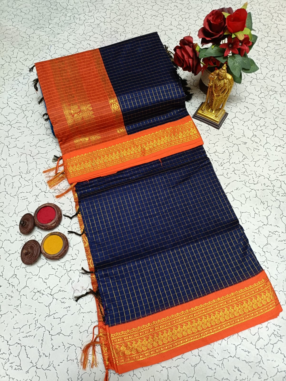 Kalyani Soft Cotton Saree in Navy Blue with Contrast Orange Zari Border and Rich Traditional Pallu Design for Festive & Daily Wear