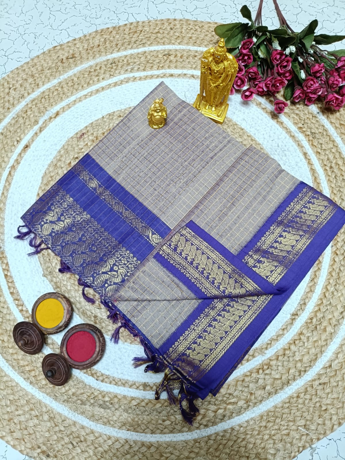 Kalyani Premium Cotton Saree in Elegant Grey with Royal Blue Zari Border and Traditional Weaving Pallu for Office & Ethnic Wear