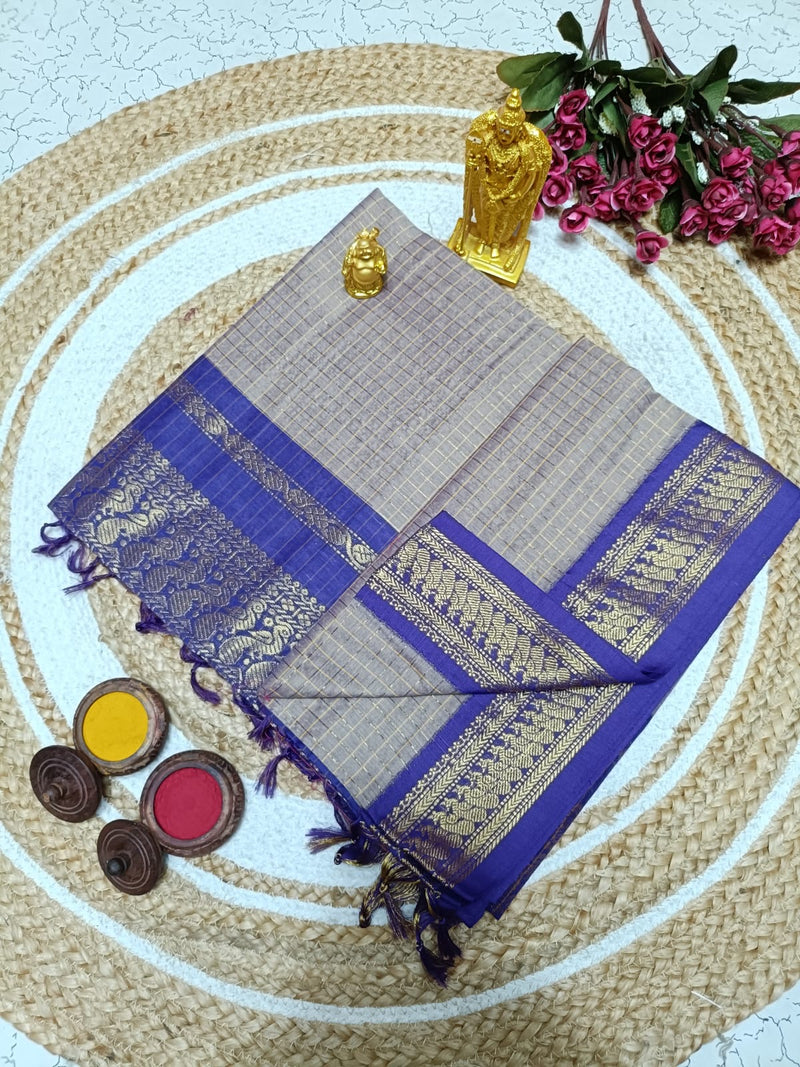 Kalyani Premium Cotton Saree in Elegant Grey with Royal Blue Zari Border and Traditional Weaving Pallu for Office & Ethnic Wear