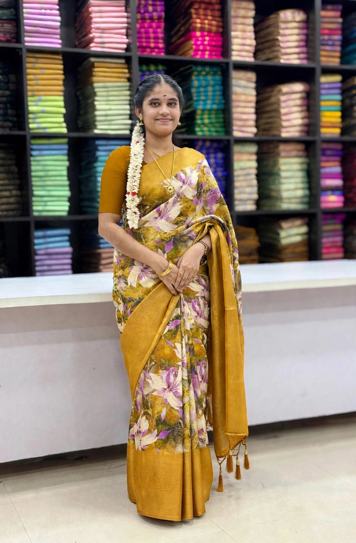 Mustard Yellow Floral Print Designer Saree with Broad Border & Tassel Pallu | SNTFL102 | Sri Nandhini Tex