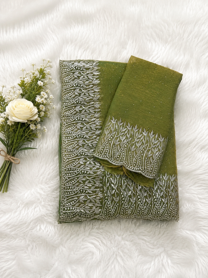 Luxury Party Wear Olive Green Saree | Rich Silver Embroidered Design | Sri Nandhini Tex | Code: SNTPW001