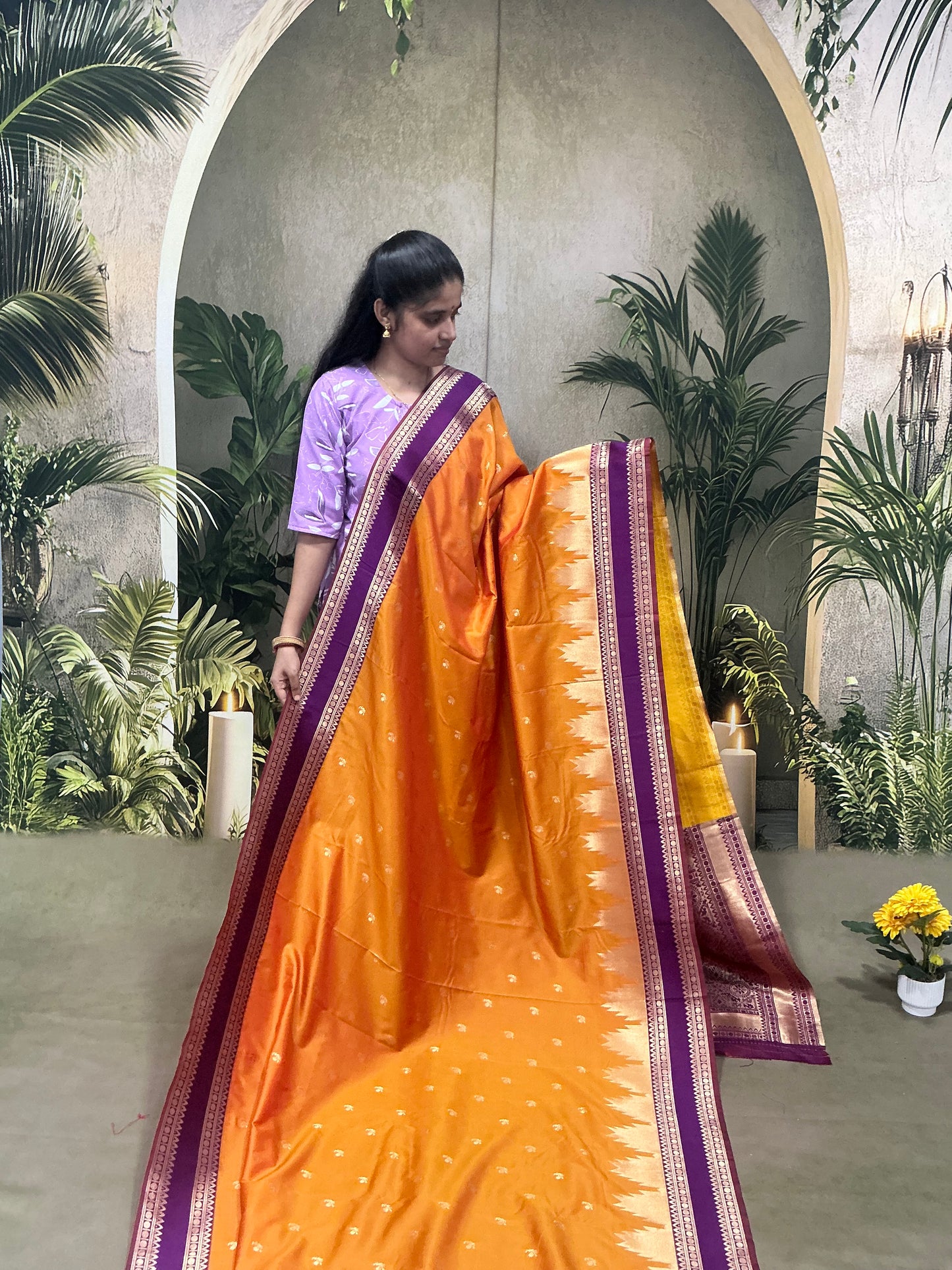 Premium Semi Kanchi Silk Saree | Orange & Royal Purple | Sri Nandhini Tex | Code: SNTSK03