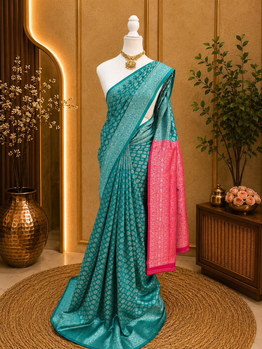 Premium Semi Silk Saree – Aqua blue with pink | Silver Zari Weaving | Sri Nandhini Tex | SNTSS01