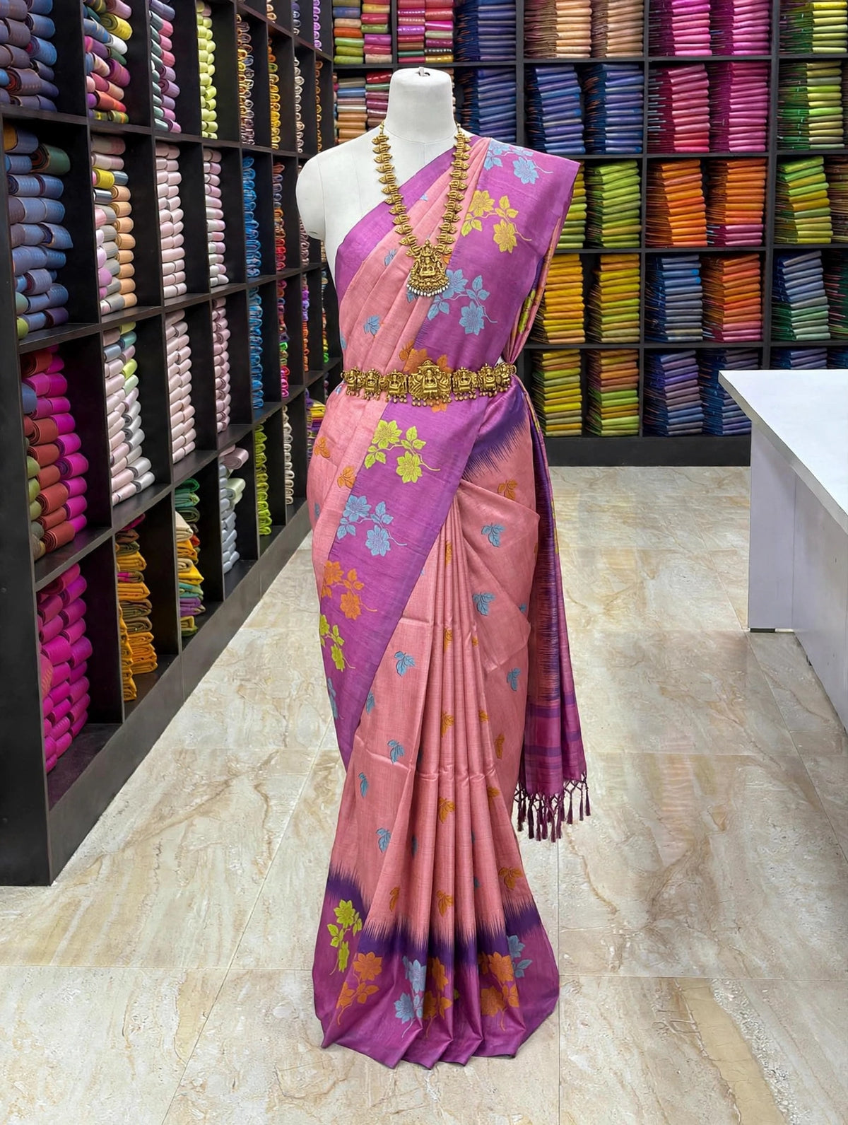 Tussar Soft Silk Saree | Floral Printed Soft Silk Saree | Elegant Contrast Pallu Saree | Sri Nandhini Tex