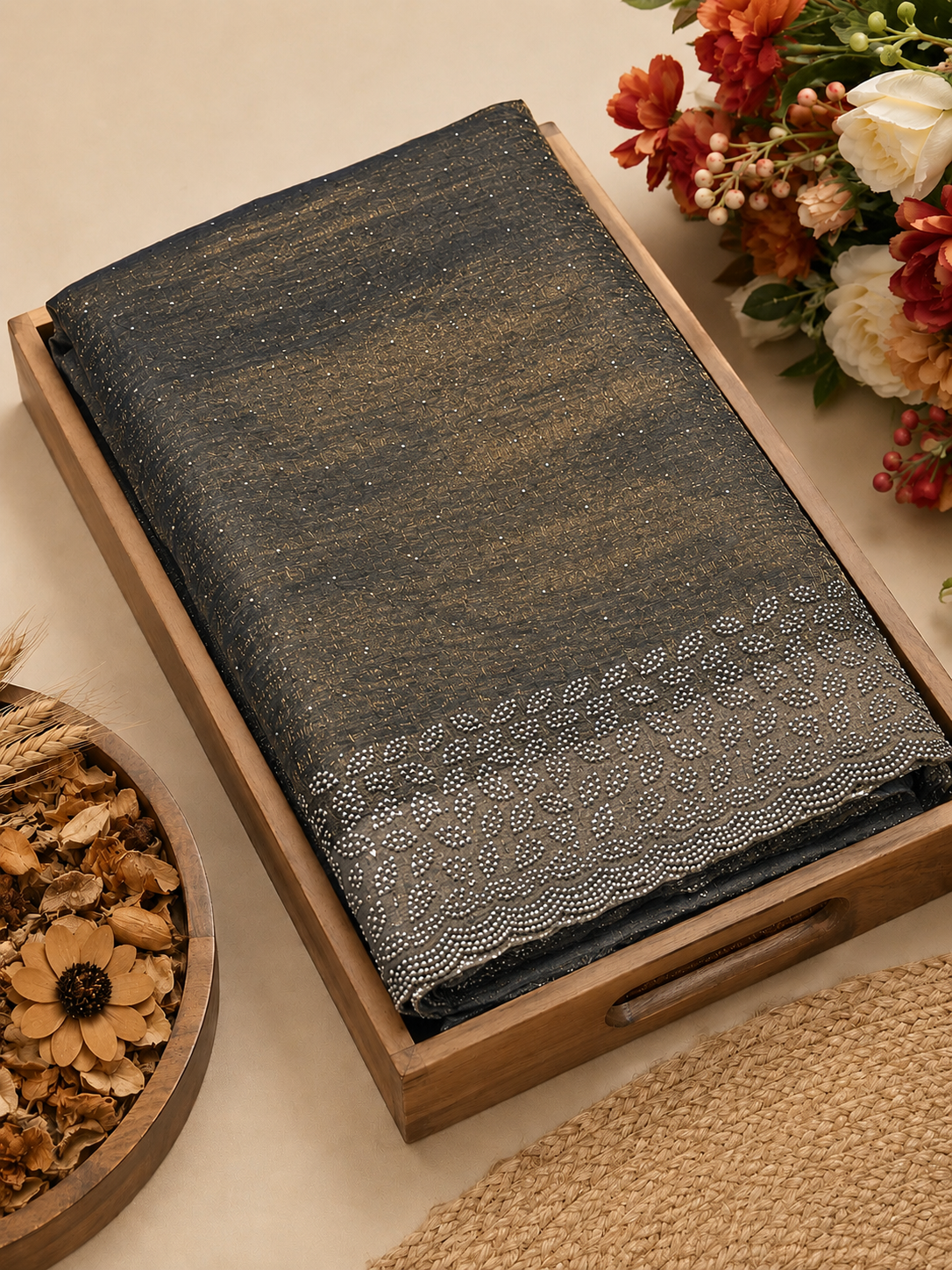 Premium Space Silk Saree – Antique Gold with Silver Grey leaf stone work Border | Festive Silk Saree | Sri Nandhini Tex | SNTLS04