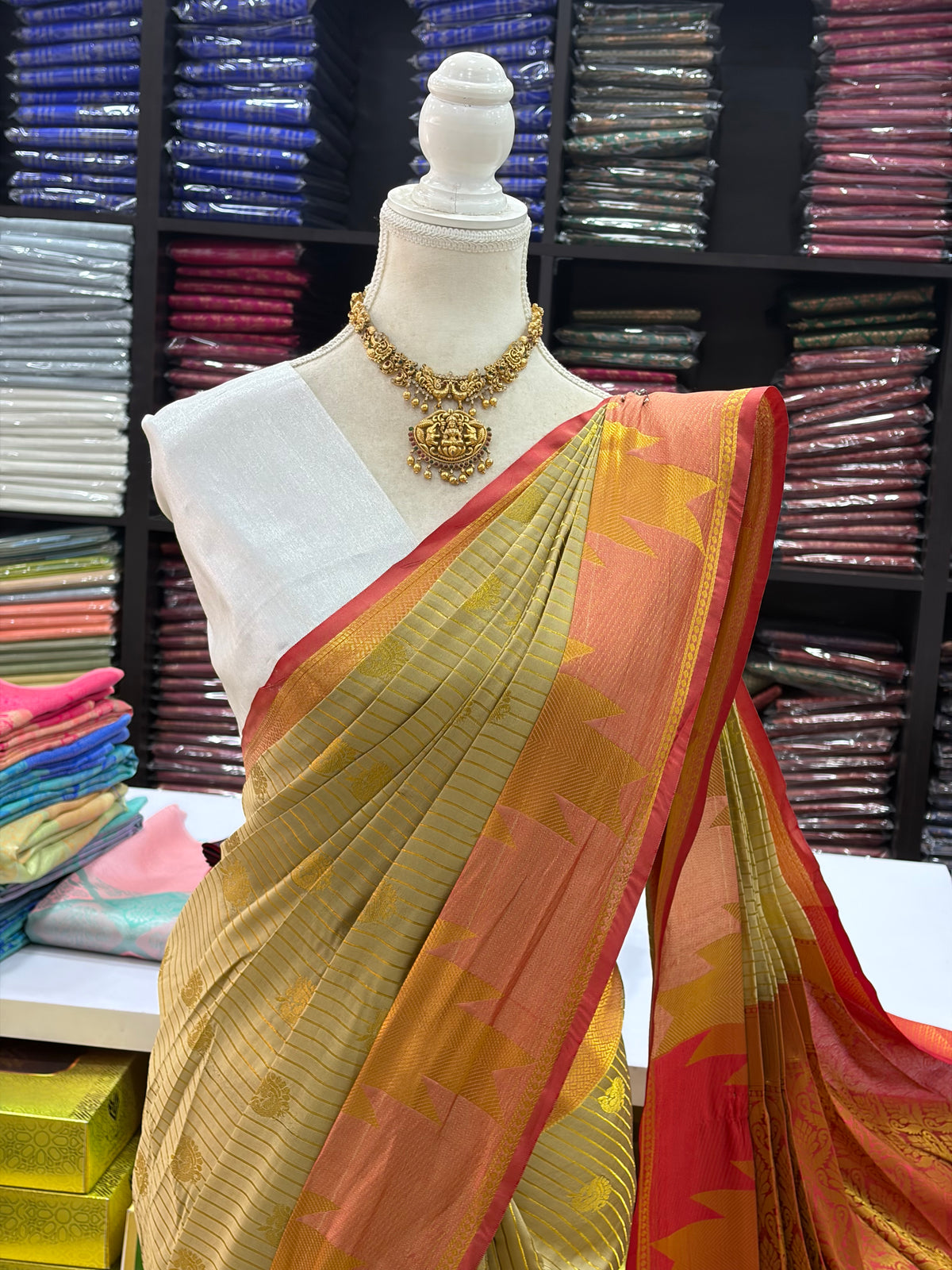 Premium Semi Silk Saree – Taupe Gold with Red Contrast Pallu | ₹550 | Sri Nandhini Tex | Code: SNTSLS001