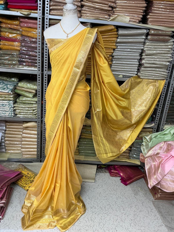 Semi Kanchipuram Soft Silk Saree – Mustard Yellow with Golden Border