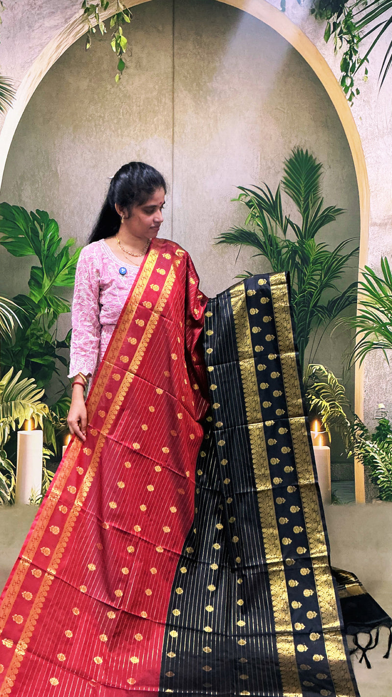 Banaras Soft Silk Half & Half Saree – Black & Maroon | Traditional Rich Zari Weaving | Sri Nandhini Tex | SNTBMS01