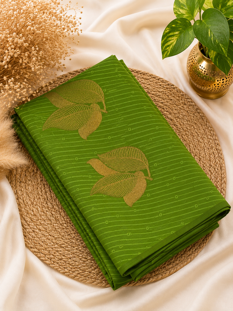 Semi Soft Silk Saree | Elegant Leaf Motif Weave | Parrot Green | Sri Nandhini Tex | Code: SNTPAOS88