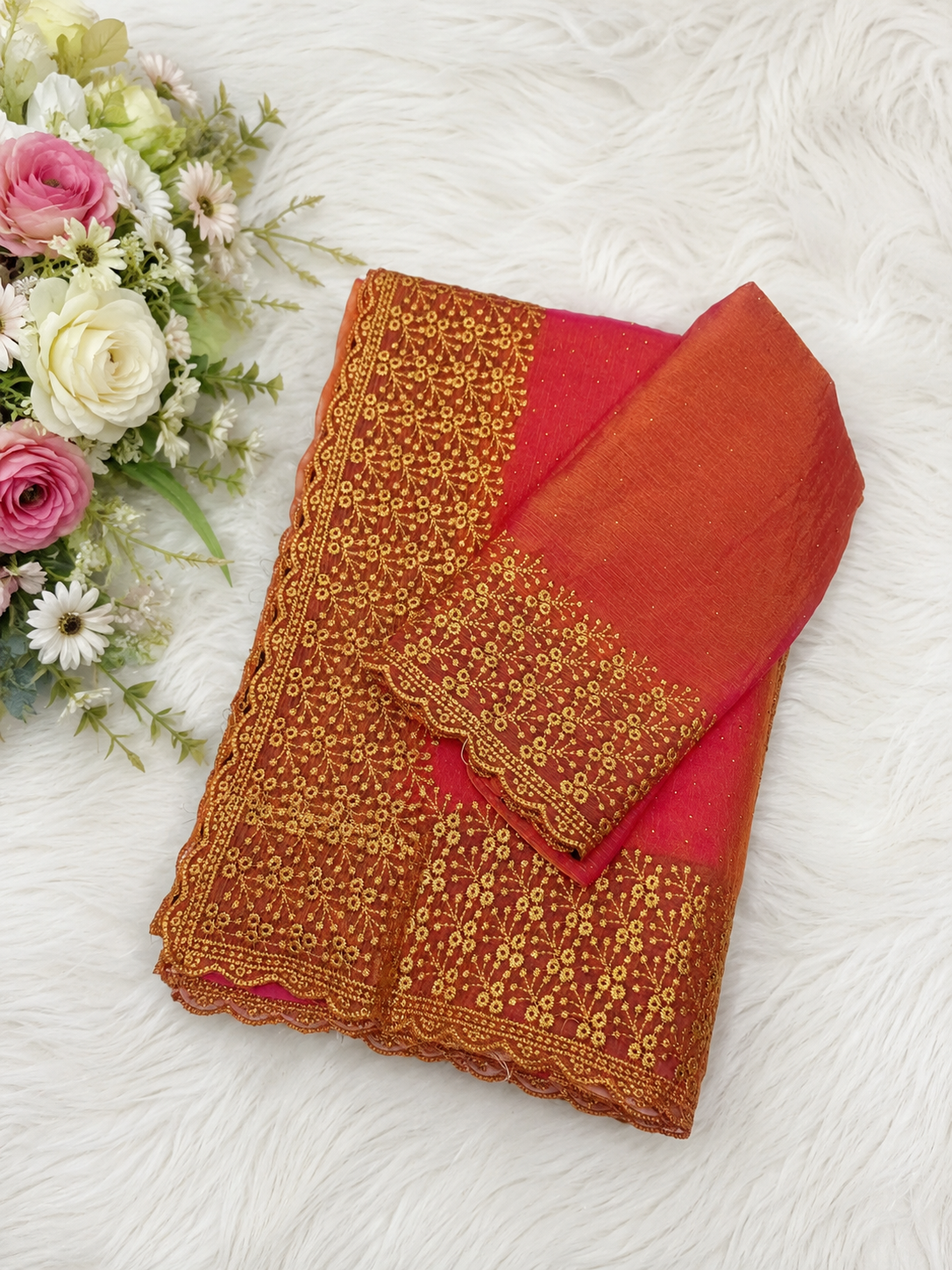 Luxury Party Wear Coral Pink Saree | Rich Gold Embroidered Design | Sri Nandhini Tex | Code: SNTSS817
