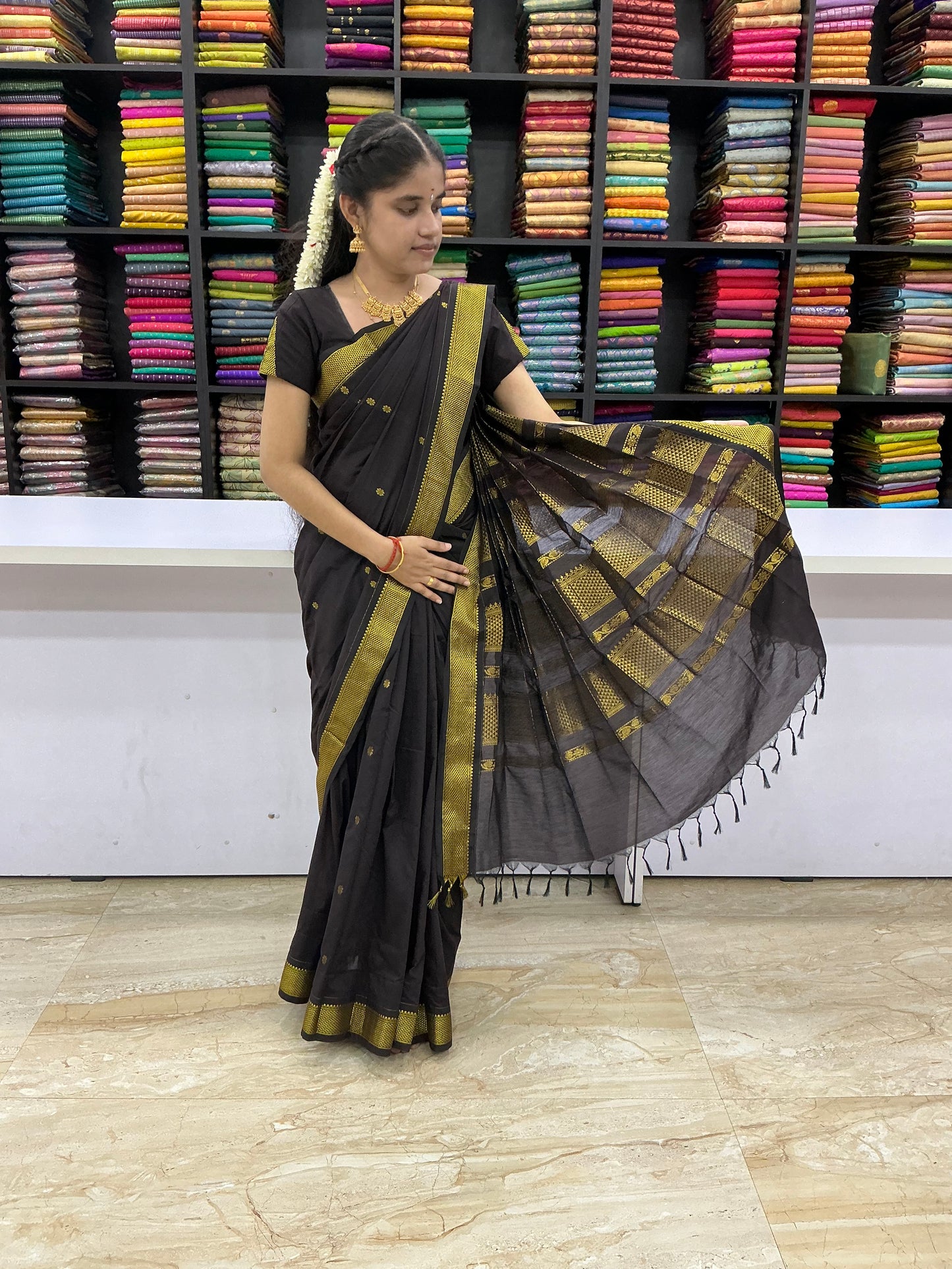 Premium Kalyani Cotton Saree – Coffee Brown with Antique Gold Zari Border | Festive Cotton Saree | Sri Nandhini Tex | KCS001