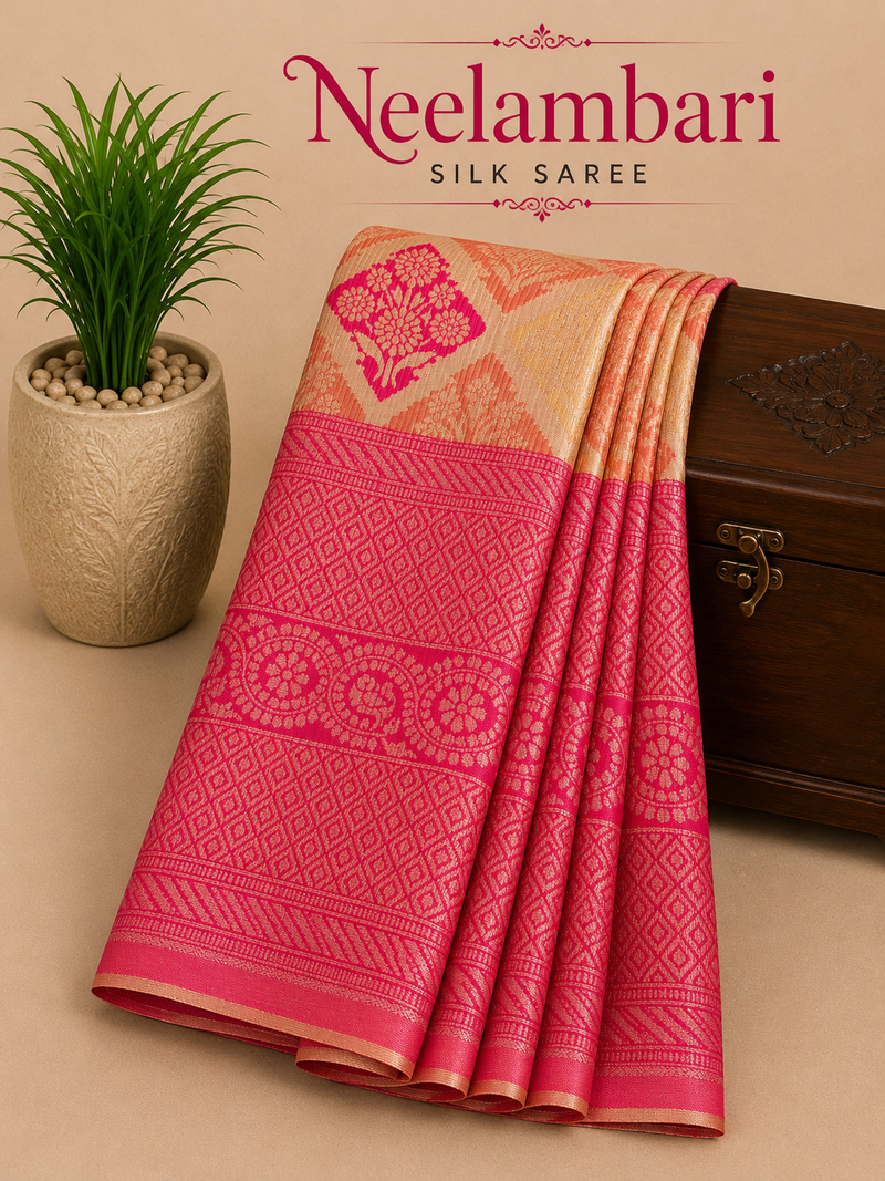 Neelambari Silk Saree | Golden Peach with Rani Pink Zari Border | Traditional Jacquard Weave | Sri Nandhini Tex SNTNS002