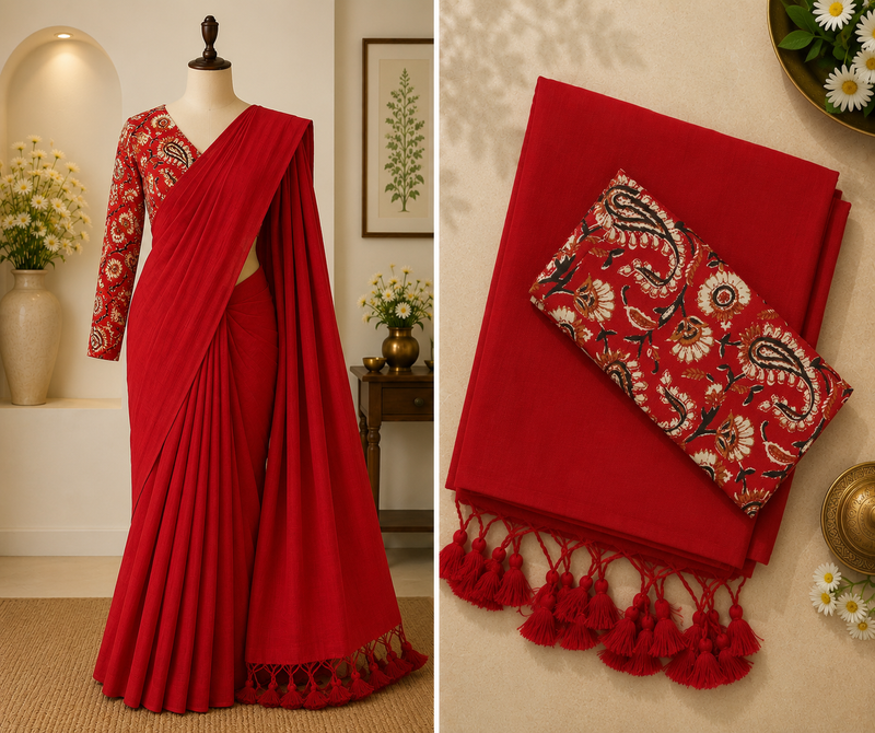 Khadi Cotton Saree with Kalamkari Blouse | Cherry Red | Sri Nandhini Tex | Code: SNTCK106