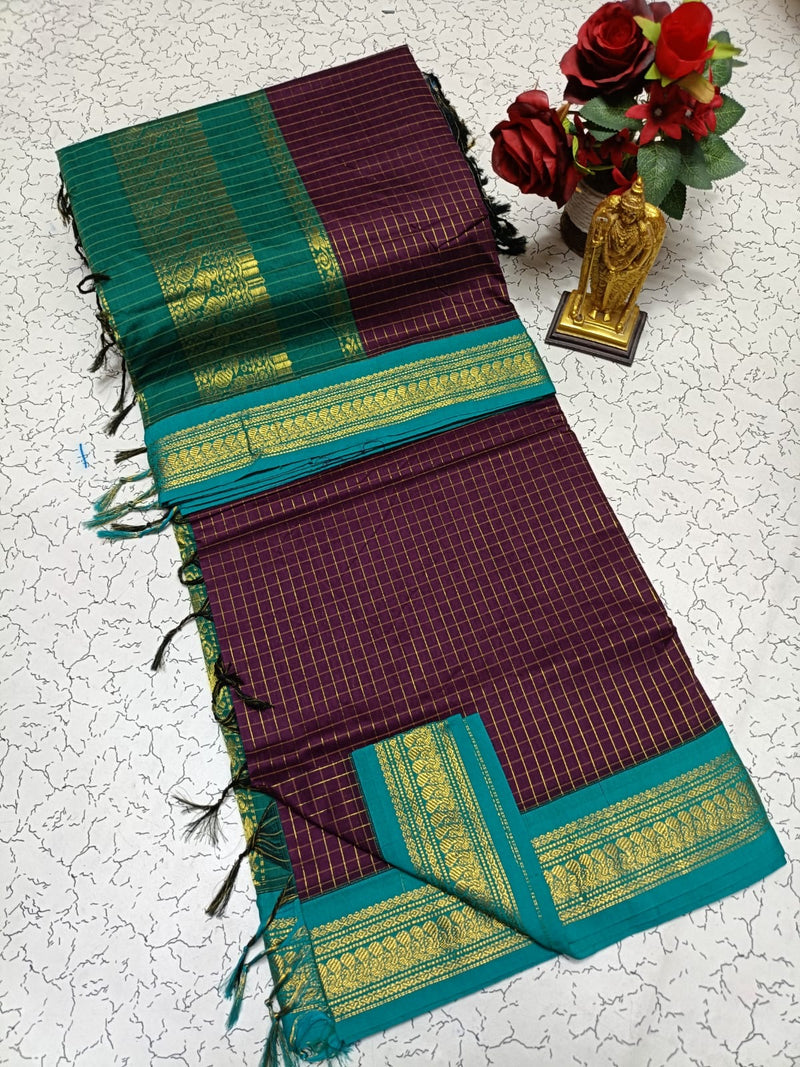 Kalyani Cotton Saree in Deep Maroon with Teal Green Contrast Border and Rich Gold Zari Weaving for Traditional South Indian Look