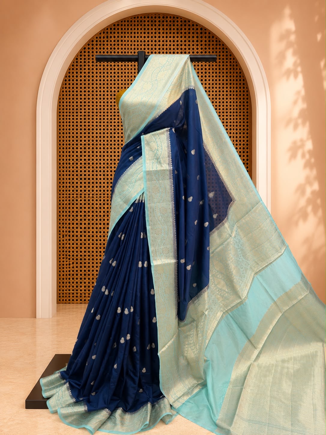 Premium Warm Silk Saree – Midnight Blue with Mint Green Contrast | Festive Elegance Saree | Sri Nandhini Tex | SNTS001