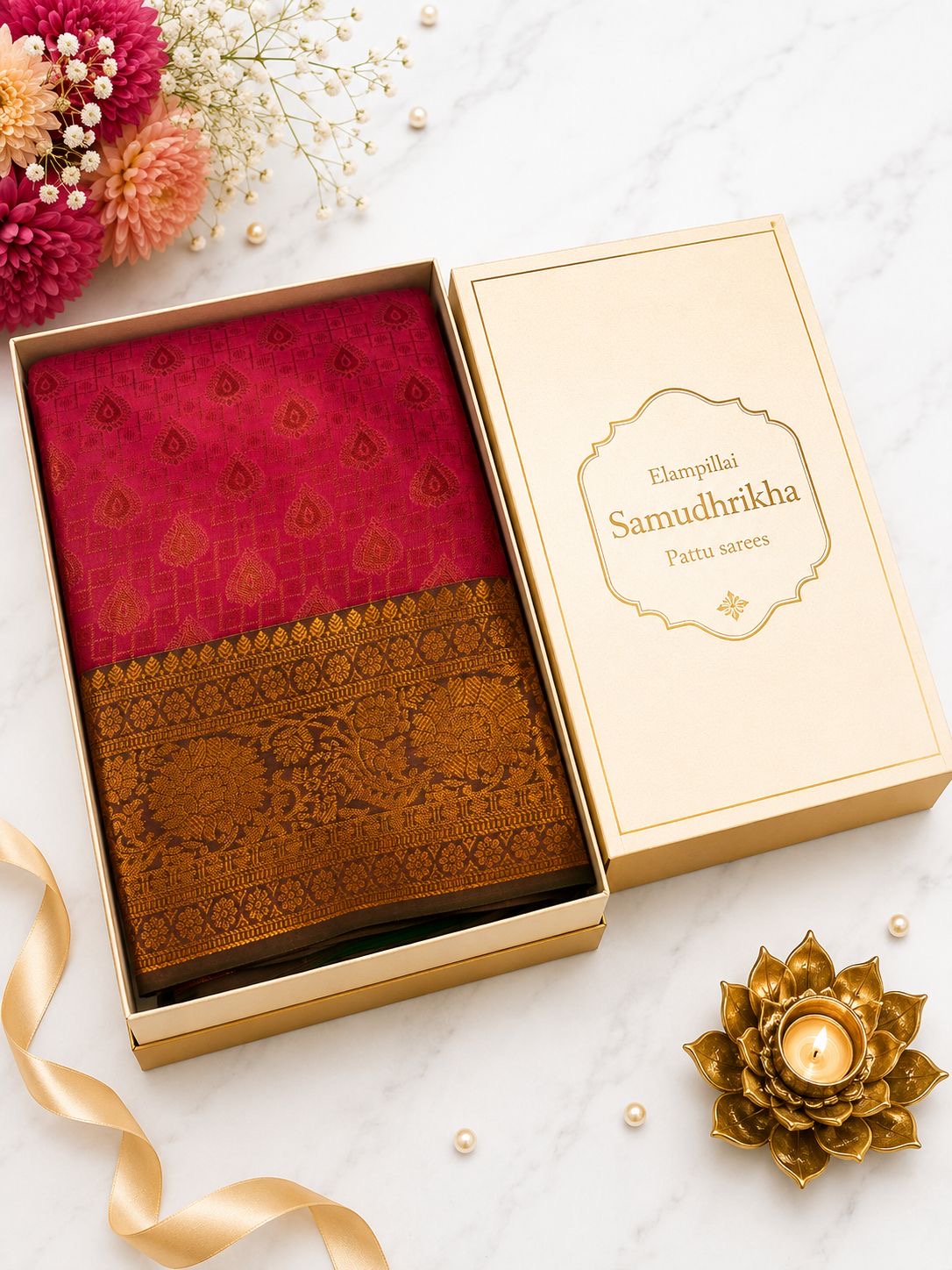 Premium Elampillai Samudhrikha Pattu Saree – Ruby Pink with Antique Gold Border | Traditional Wedding Silk Saree | Sri Nandhini Tex | SNTSP001
