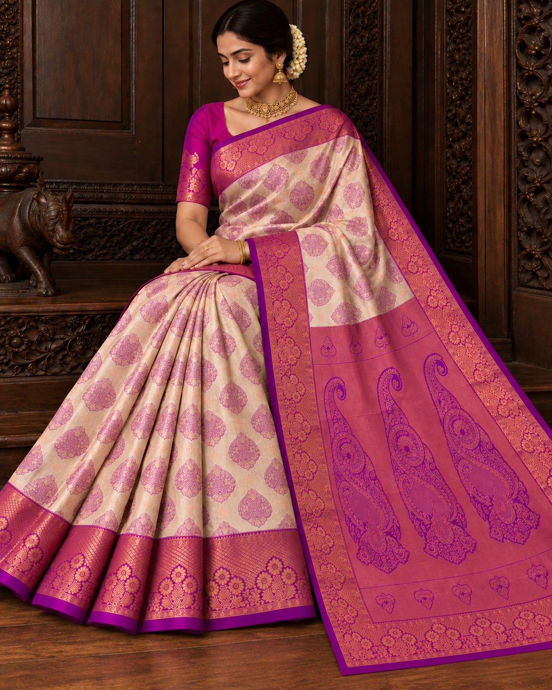 VIVAHA Pattu Saree for Women | Cream & Magenta | Premium Wedding Silk Saree | Rich Zari Border & Grand Pallu | With Blouse Piece | Direct Manufacturing – Sri Nandhini Tex