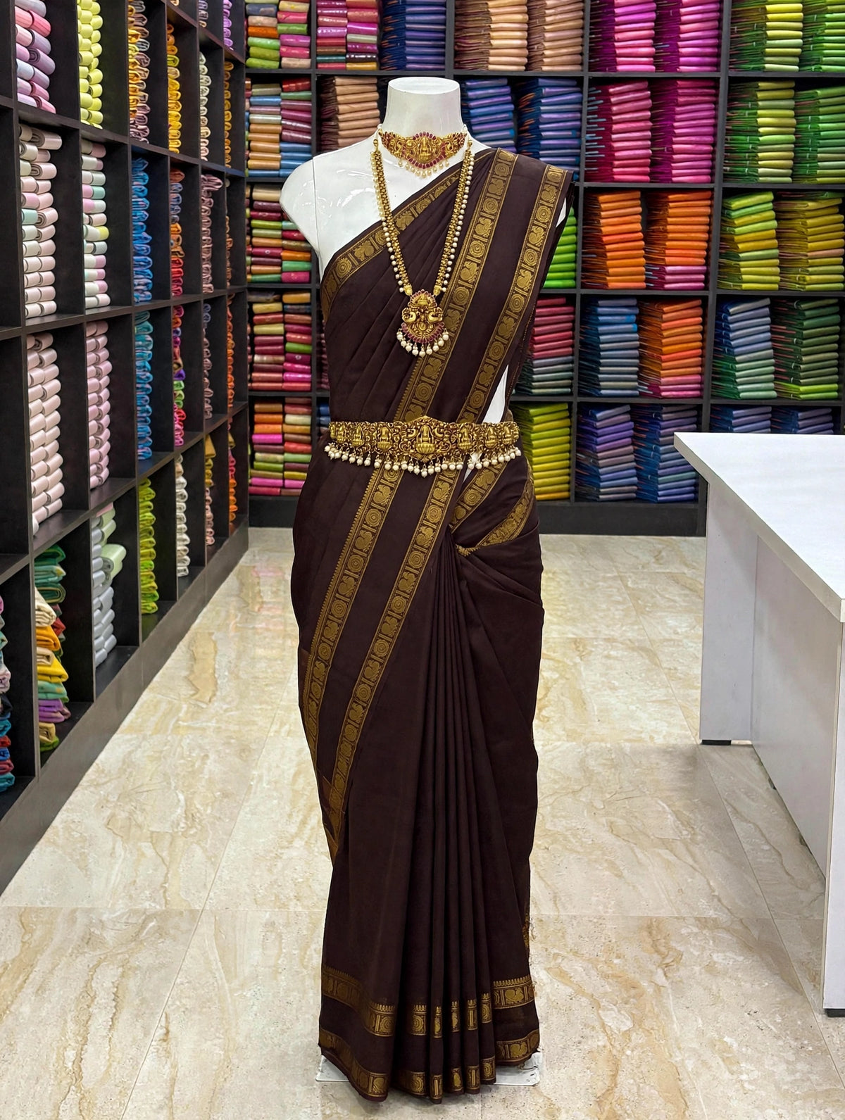 Premium Kanchi Cotton Saree | Royal Chocolate Brown with Antique Gold Zari Border | Traditional Kanchi Cotton Saree